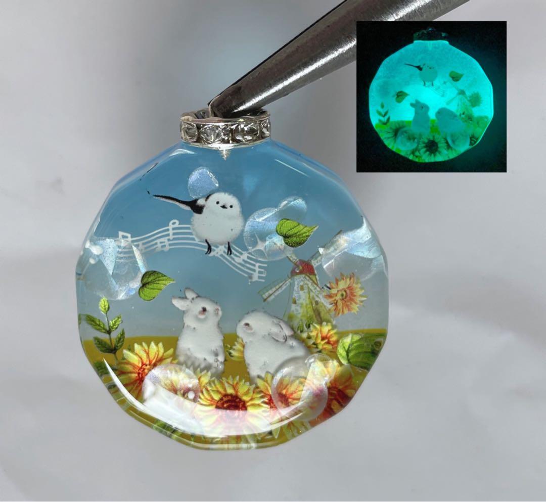 RUKURUKU/夏のメロディとうさぎとシマエナガ　オルゴナイトキーホルダ