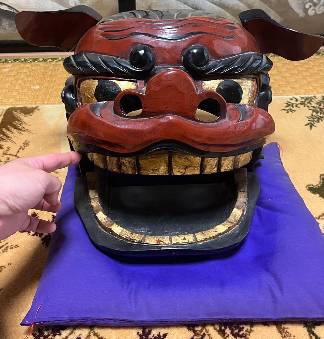 木彫りの獅子頭】獅子舞 開閉式 縁起物 雌雄片方づつの出品 ①