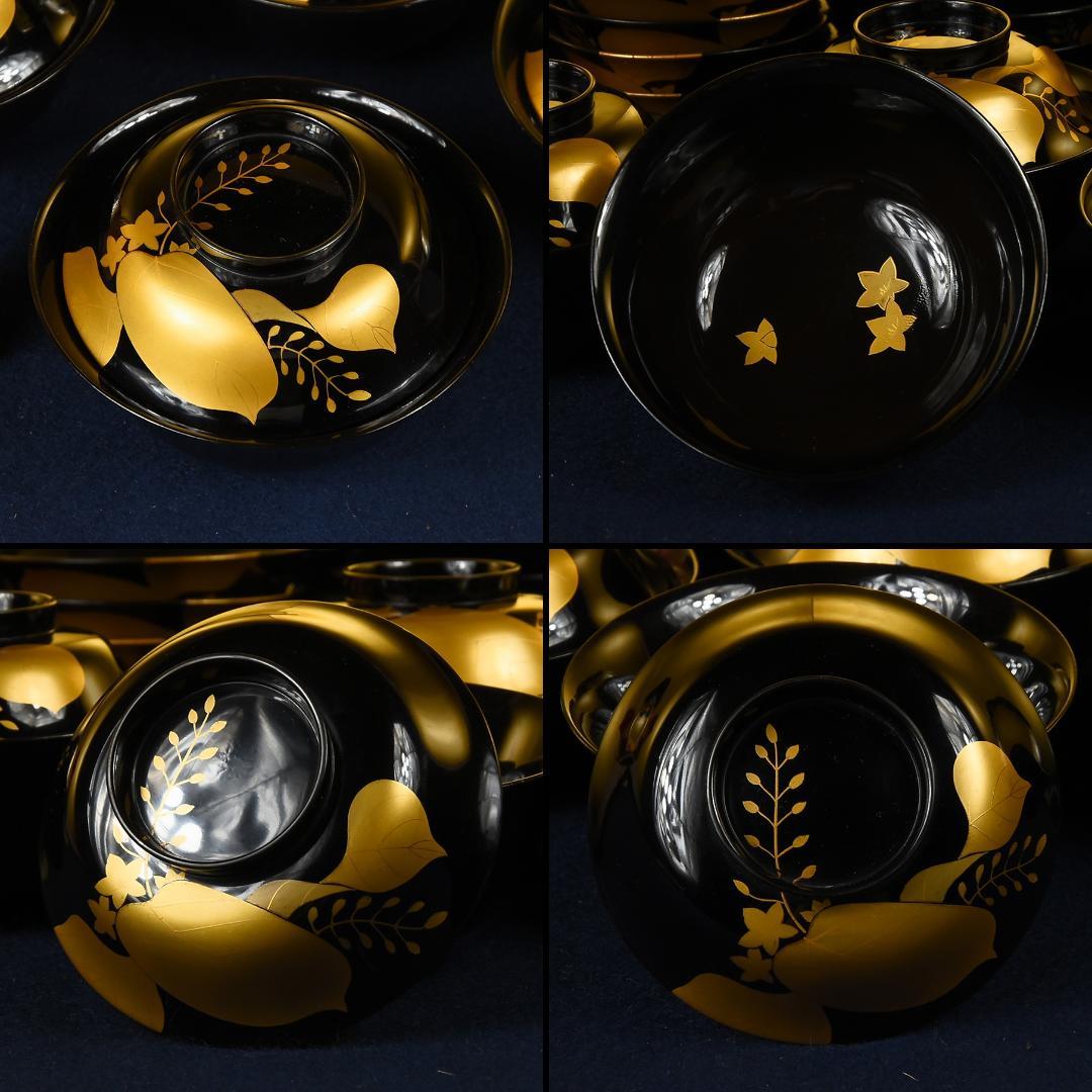 時代木製漆器 桜紅葉 黒蒔絵椀 五客 金蒔絵 梨地 楓【CL61】検・茶懐石