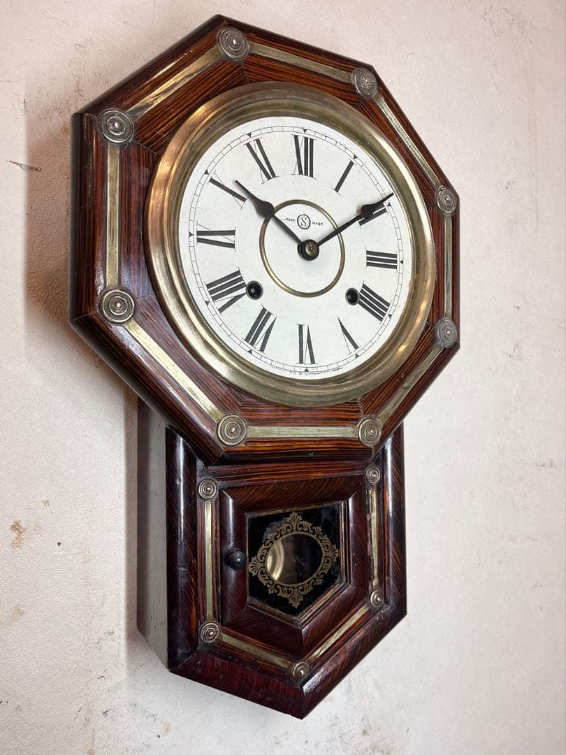 国産八角　鋲付　柱時計　古時計　振り子　アンティーク時計　レトロ　精工舎　雑貨