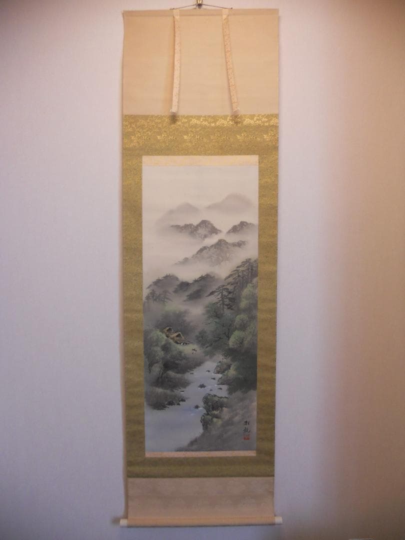 掛け軸 松観 彩色山水 絹本 希少 軸装 茶道具 掛軸 美品 です。