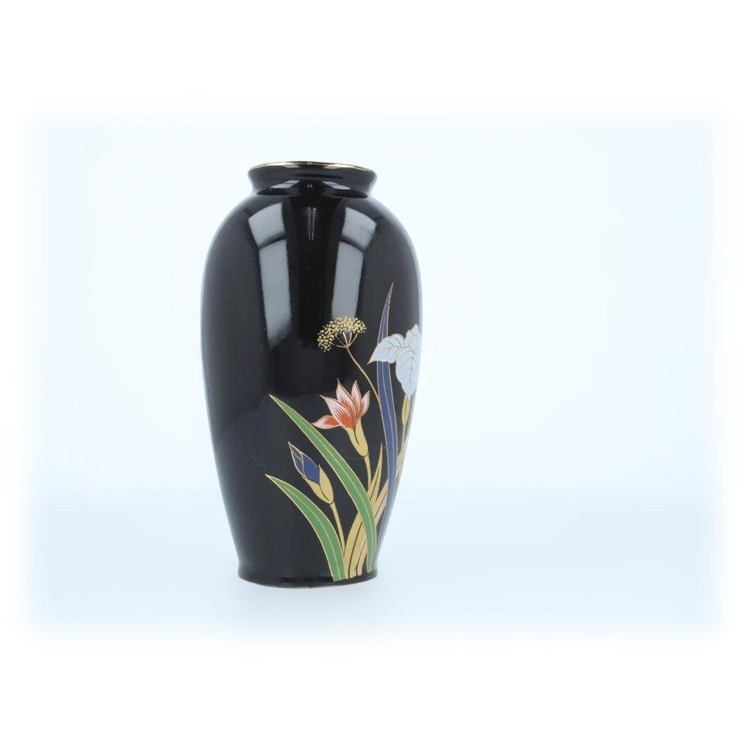 【美品】黒地 花柄 金彩 花瓶 陶器 インテリア 和洋兼用