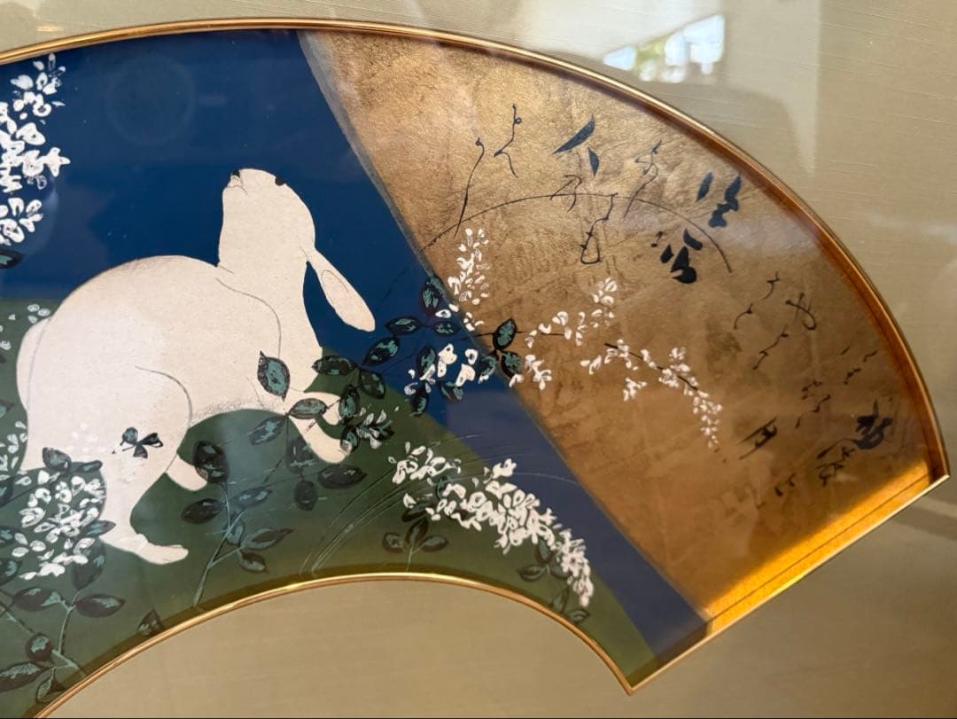 真作保証日本画 71 × 41 cm 扇面画｜兎と秋草 月に想いを馳せて｜額装済