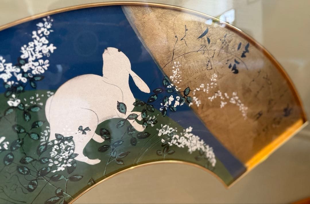 真作保証日本画 71 × 41 cm 扇面画｜兎と秋草 月に想いを馳せて｜額装済