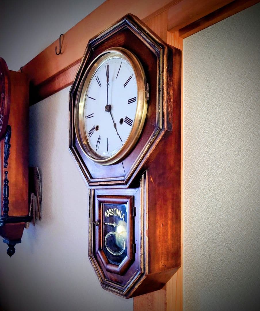 〈完動・美品〉アンソニア　八角合長ゼンマイ振り子時計　アンティーク古時計