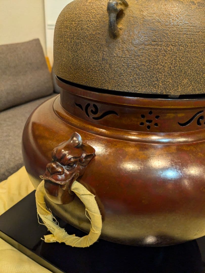 茶器/茶道具 風炉】平丸釜添 唐銅鬼面風炉 大國藤兵衛作 6代