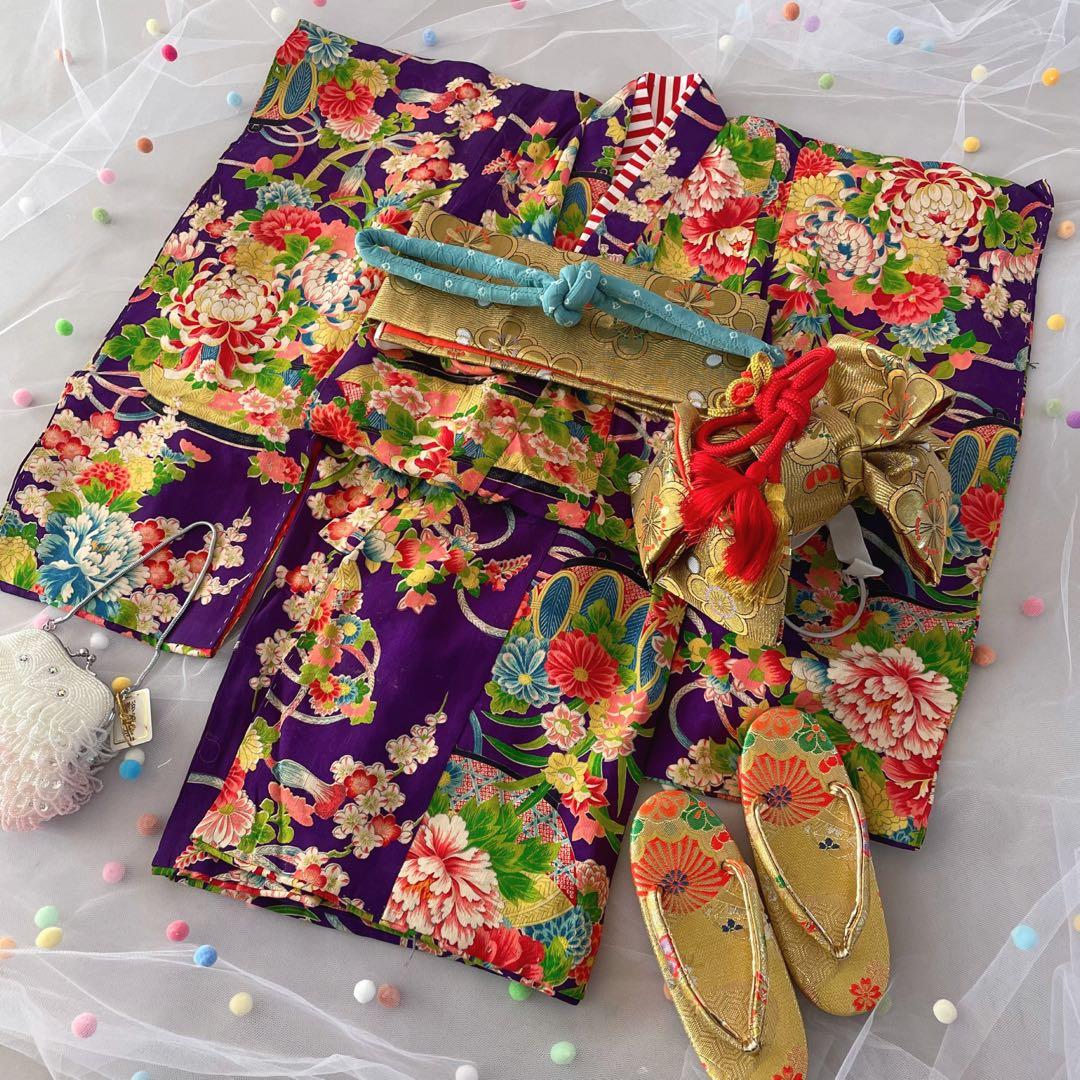 七五三　2歳３歳　正絹アンティークお着物セット　ふわふわチュール