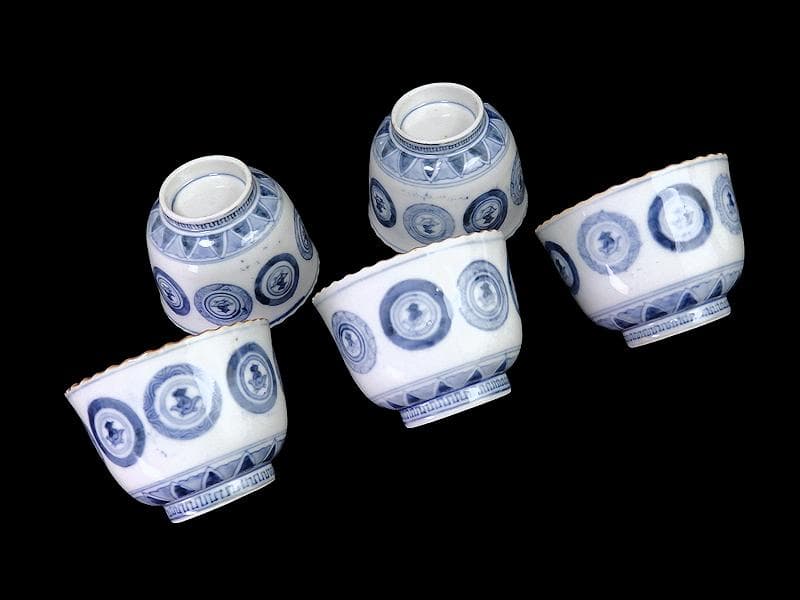 古伊万里　染付　丸紋に赤壁の賦の図　向付　５客　E880AS-fbsp 古伊万里 染付 丸紋に赤壁の賦の図 向付 5客