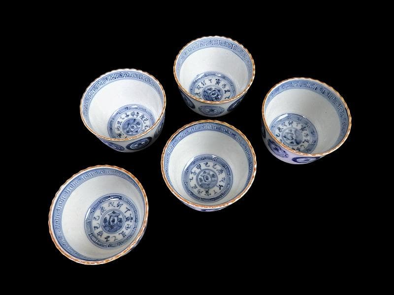 古伊万里 染付 丸紋に赤壁の賦の図 向付 5客