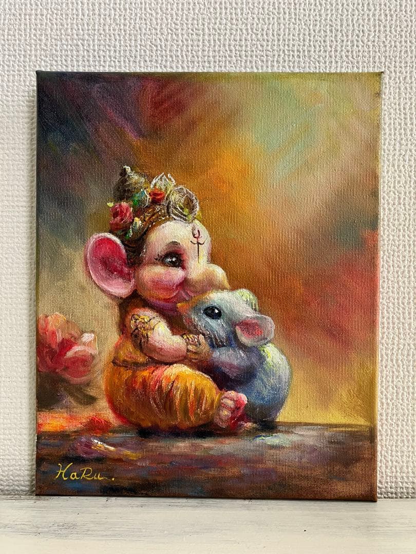 ☆ HaRu ガネーシャ 神様 鼠 1点物 真作 原画 絵画 油絵 ♪ F3