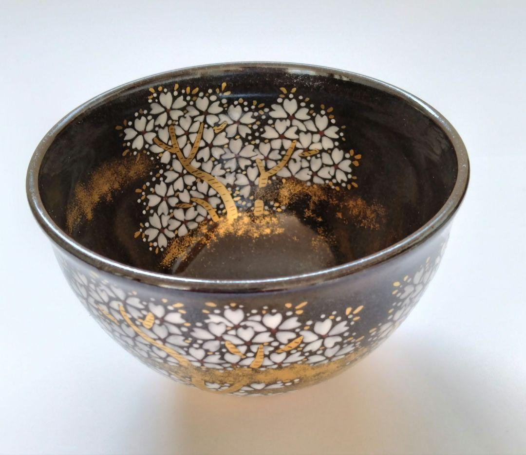 陽炎園 膳所焼 色絵夜桜茶碗 抹茶碗 茶道具 淡海膳所 共箱 共布 栞