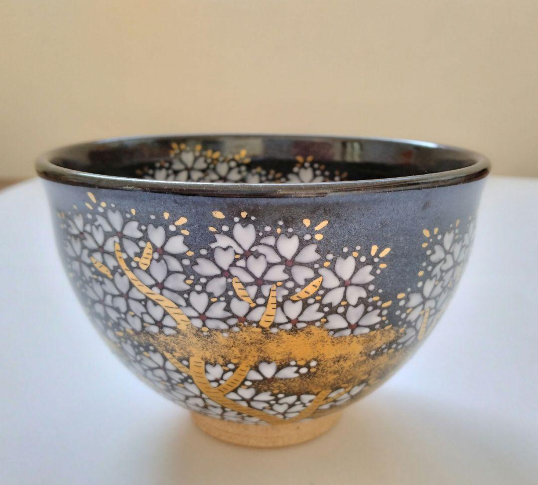 陽炎園 膳所焼 色絵夜桜茶碗 抹茶碗 茶道具 淡海膳所 共箱 共布 栞