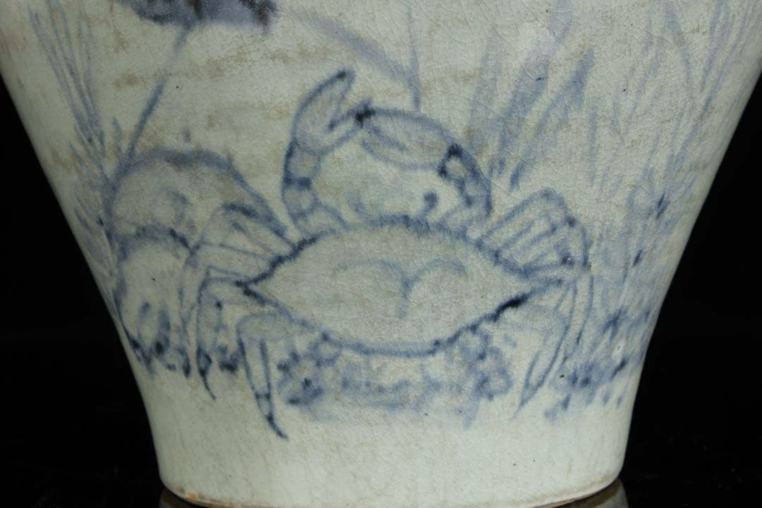 時代物 李朝 染付魚蟹海老文 壺 花瓶 箱付 白磁 青花 朝鮮古陶 唐物