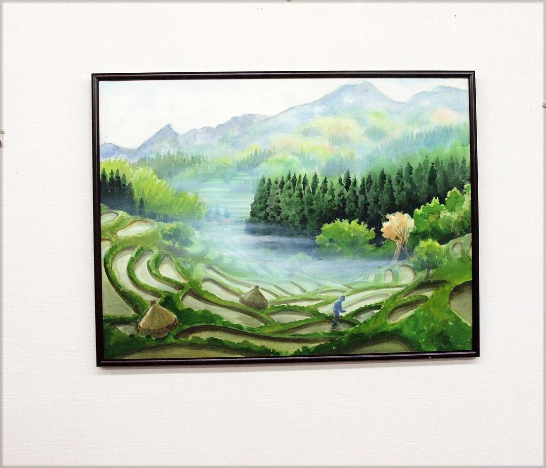 絵画「霧晴れて大山千枚田」　水彩画
