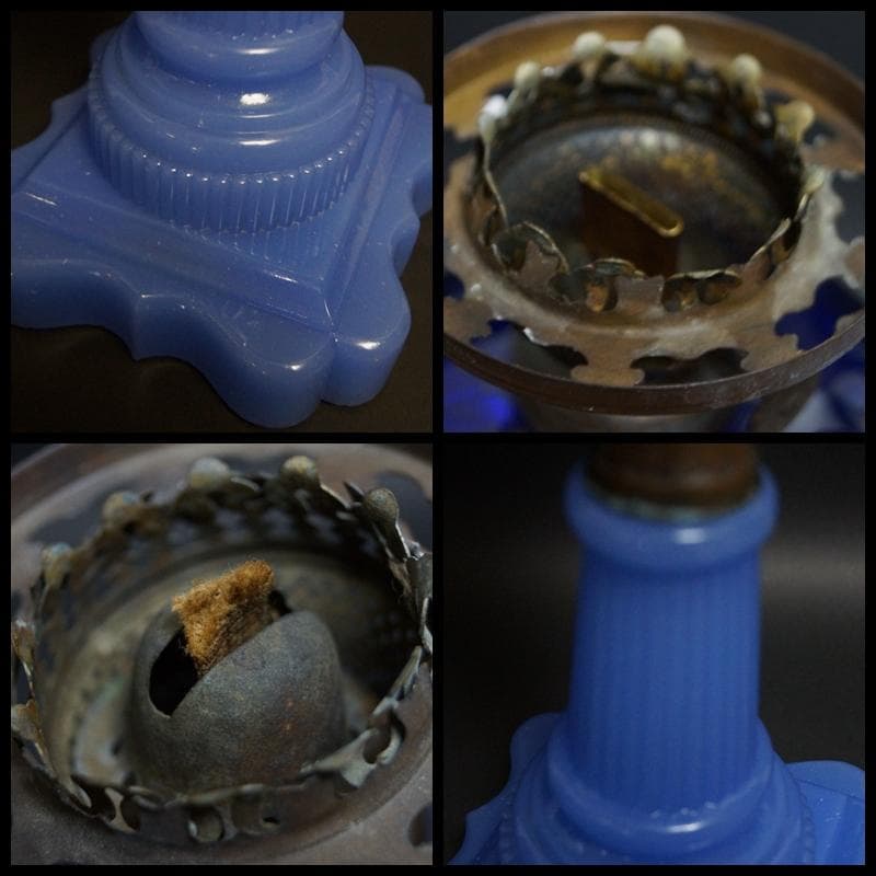明治期 ガラス製大型オイルランプ花蕾型ランプ/切子油壷/ 水色練台座