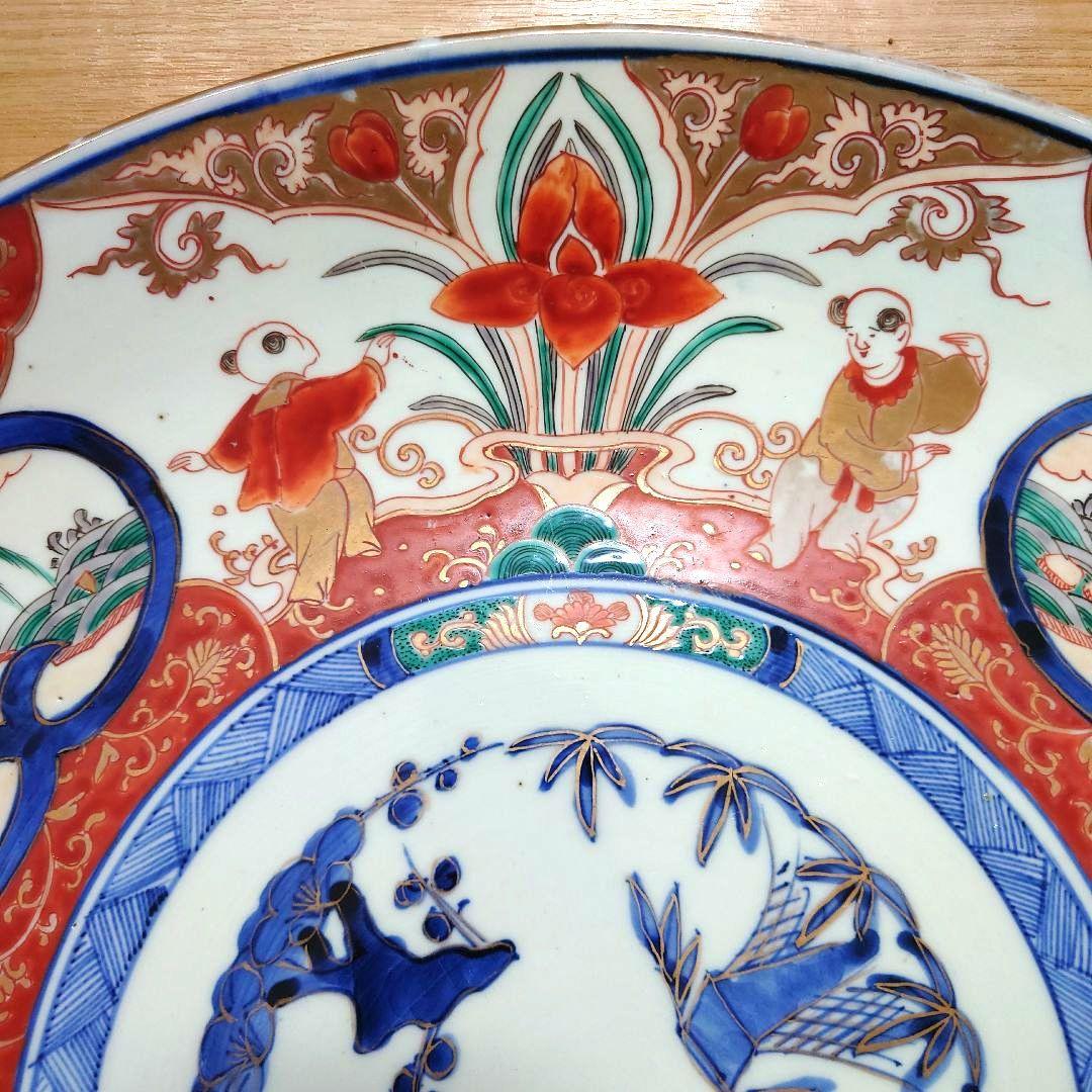 新春特価⚫希少特大皿⚫古伊万里色絵松竹梅花唐子図大皿⚫直径約46.5cm大正時代
