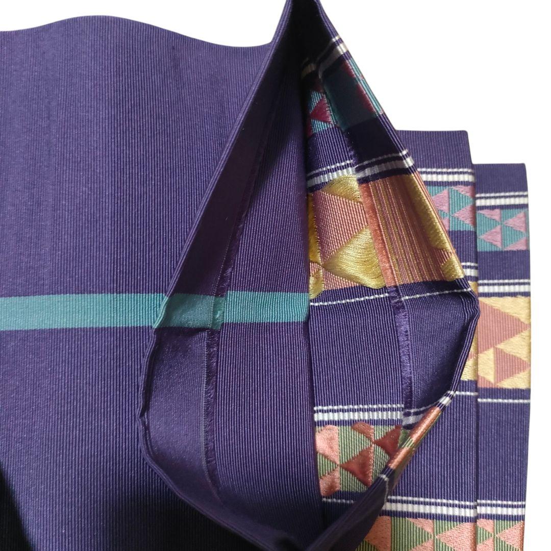 半幅帯ゆかたの帯長さ342cm幅15cm博多織正絹うろこ鱗柄横縞ボーダー灰紫色