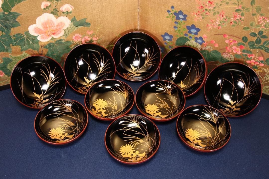 時代 輪島塗 本物 木地 黒漆 蓋椀 五客 草花紋様 金蒔絵 吸物椀 漆器漆