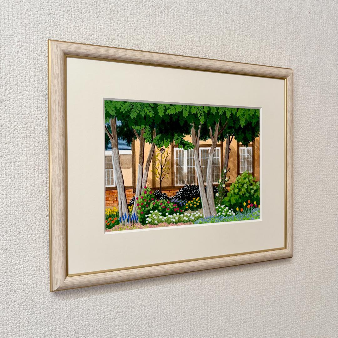 アクリル画　原画　「小さな花壇03」額縁付　SMサイズ