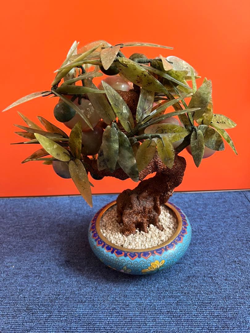 1184 中国美術桃樹玉石桃木玉石盆栽景泰藍石細工彫刻置物–mercari