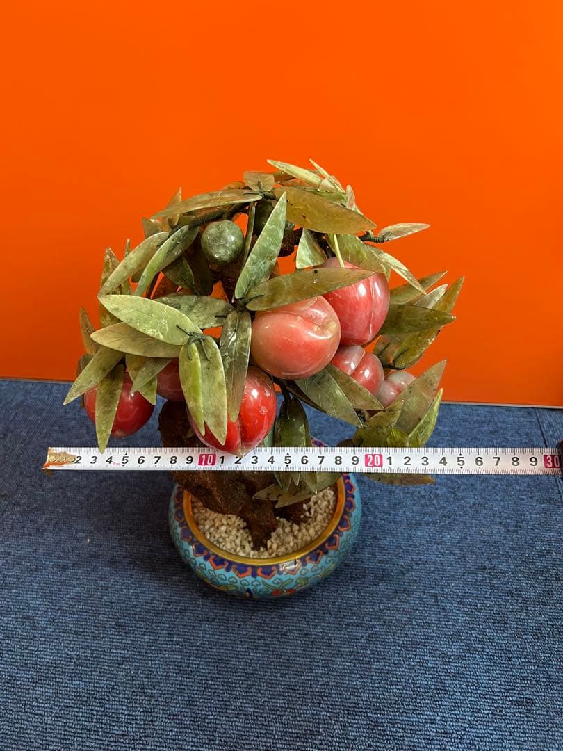 1184 中国美術桃樹玉石桃木玉石盆栽景泰藍石細工彫刻置物–mercari