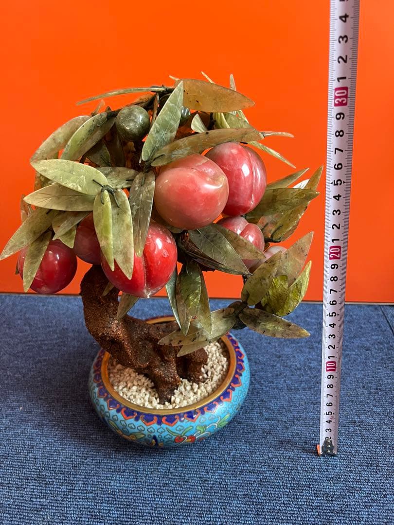 1184 中国美術桃樹玉石桃木玉石盆栽景泰藍石細工彫刻置物–mercari