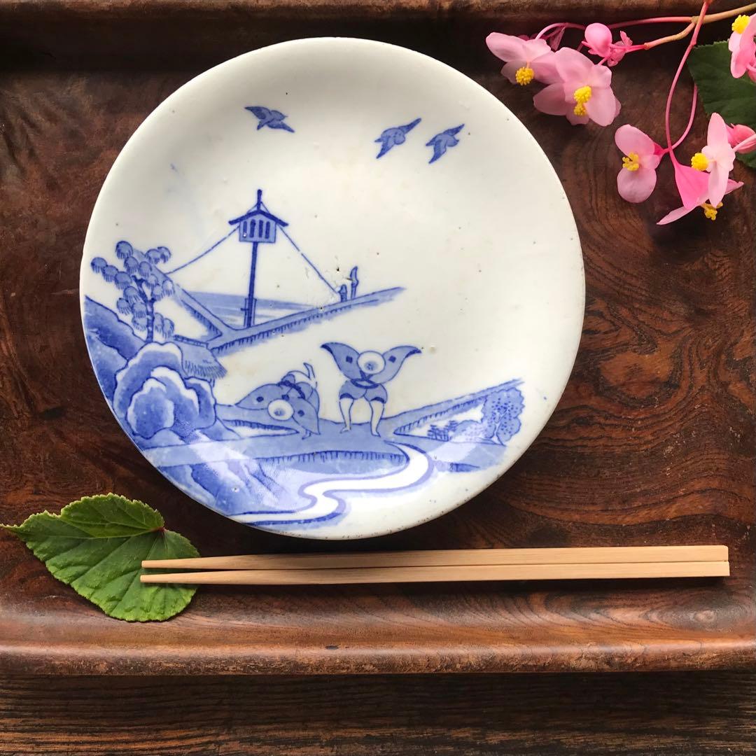 ＊図変わり印判　すずめ踊り　皿　銅版染付　銅摺り印判　明治　大正　古道具＊