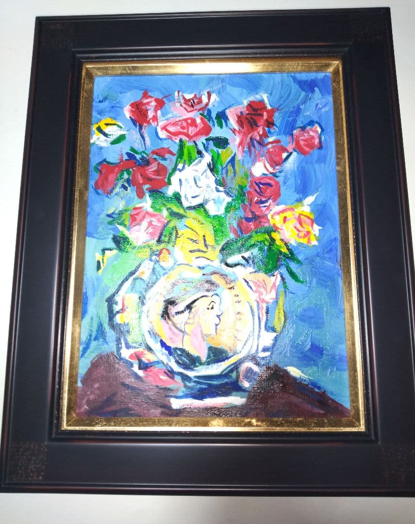 中川一政、絵画、油彩４号、薔薇、肉筆、新品額縁、片岡球子。