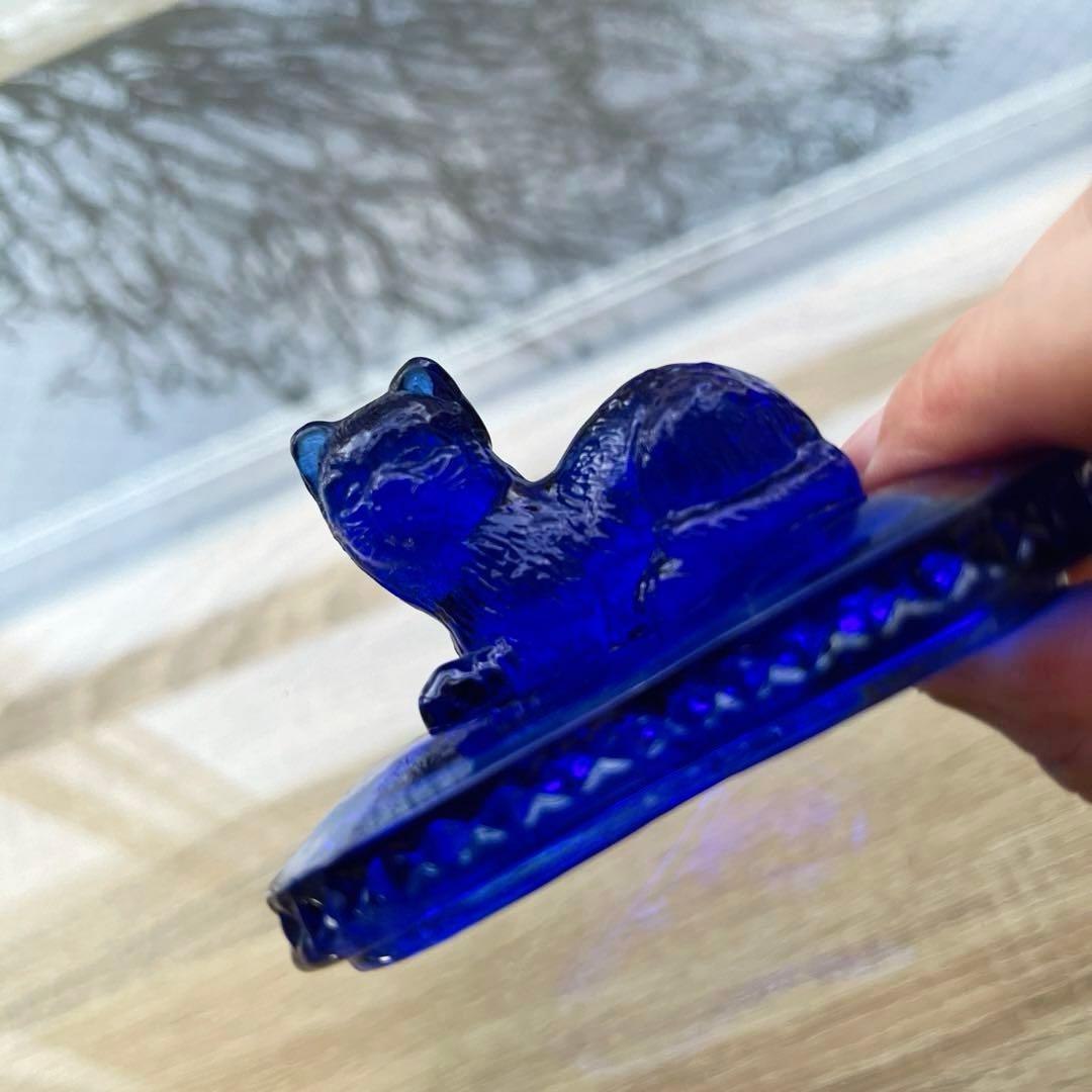 骨董 レトロガラス 希少コバルトブルー 瑠璃色ガラス 子猫 ボンボン
