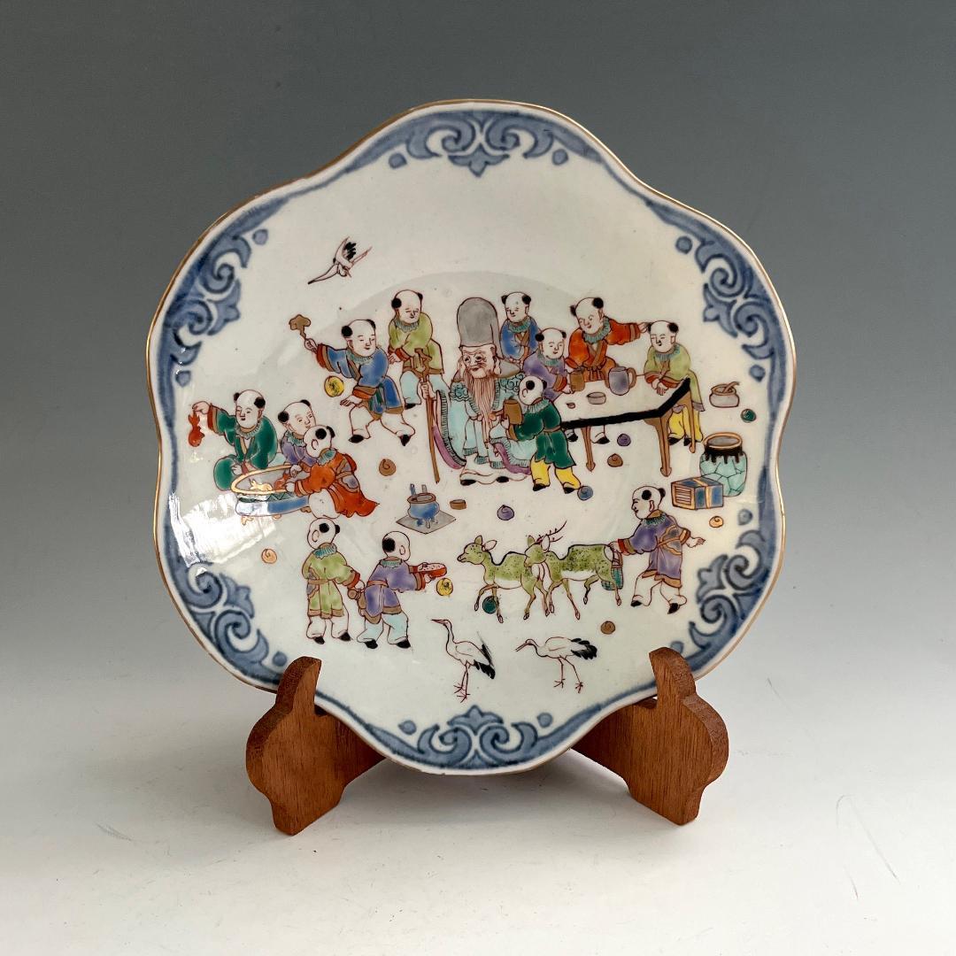 古伊万里 錦絵唐子文中鉢 肥蝶山栞岳造 款 有名小説家