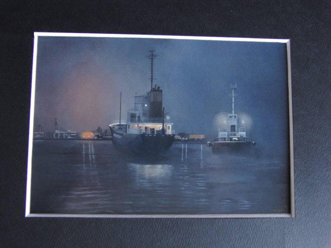 石井基善、【夜の千葉港】、希少な額装用画集より、新品額装付