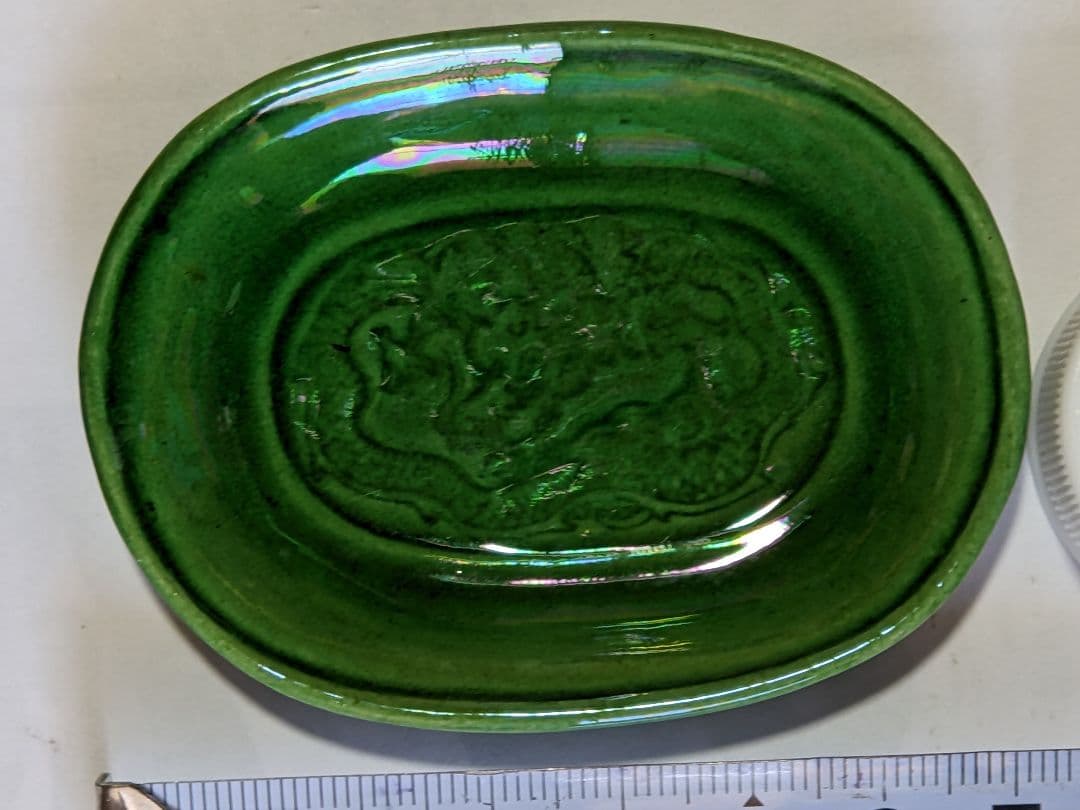 ♢淡路焼 緑釉 龍 鳳凰文様 小判型豆皿 明治初期〜江戸