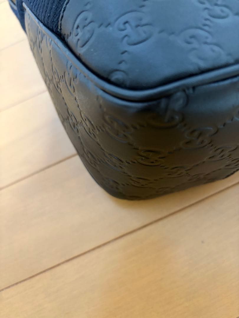 GUCCI ワンショルダー　キャンバス　シマレザー　ショルダーバッグ　ブラック