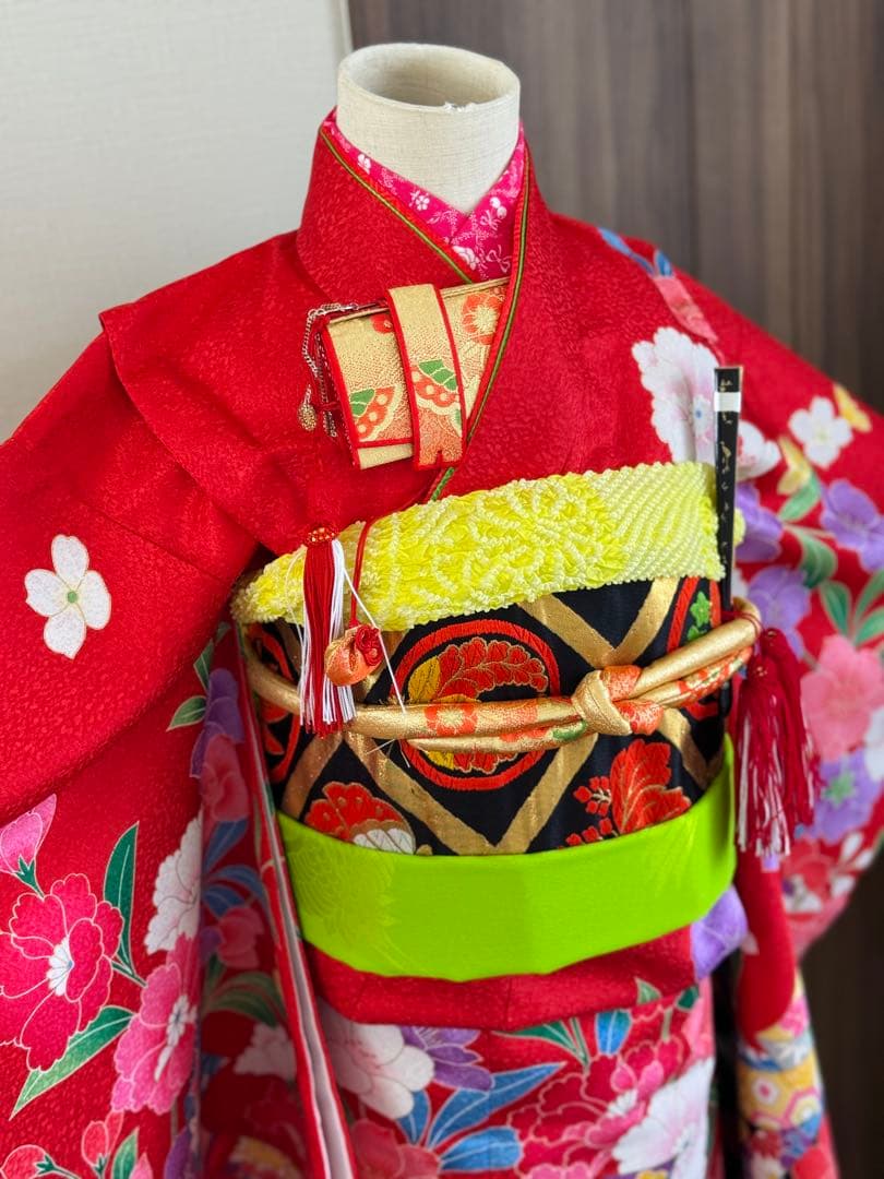 七五三に★赤色着物に熨斗と四季の花々　7歳着物、袋帯のセット