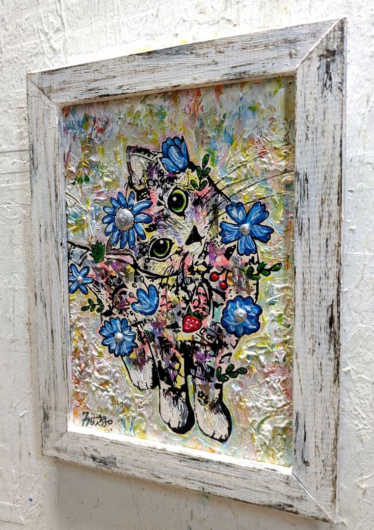 30分以内に入札なしなら10000円❗️手作り額付き作品「はるうららニャンコ」