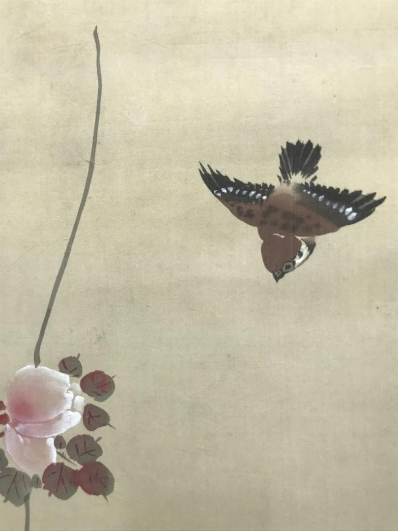 【真作】秀峰/薔薇に雀図/バラ図/雀図/花鳥図/掛軸/名家伝来/AC-772