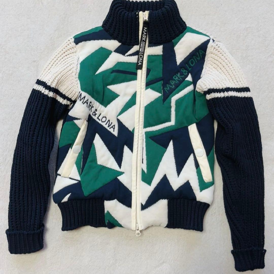 極美品　マークアンドロナ　ニットジャケット　裏地付　柄　ブルゾン　ネイビー