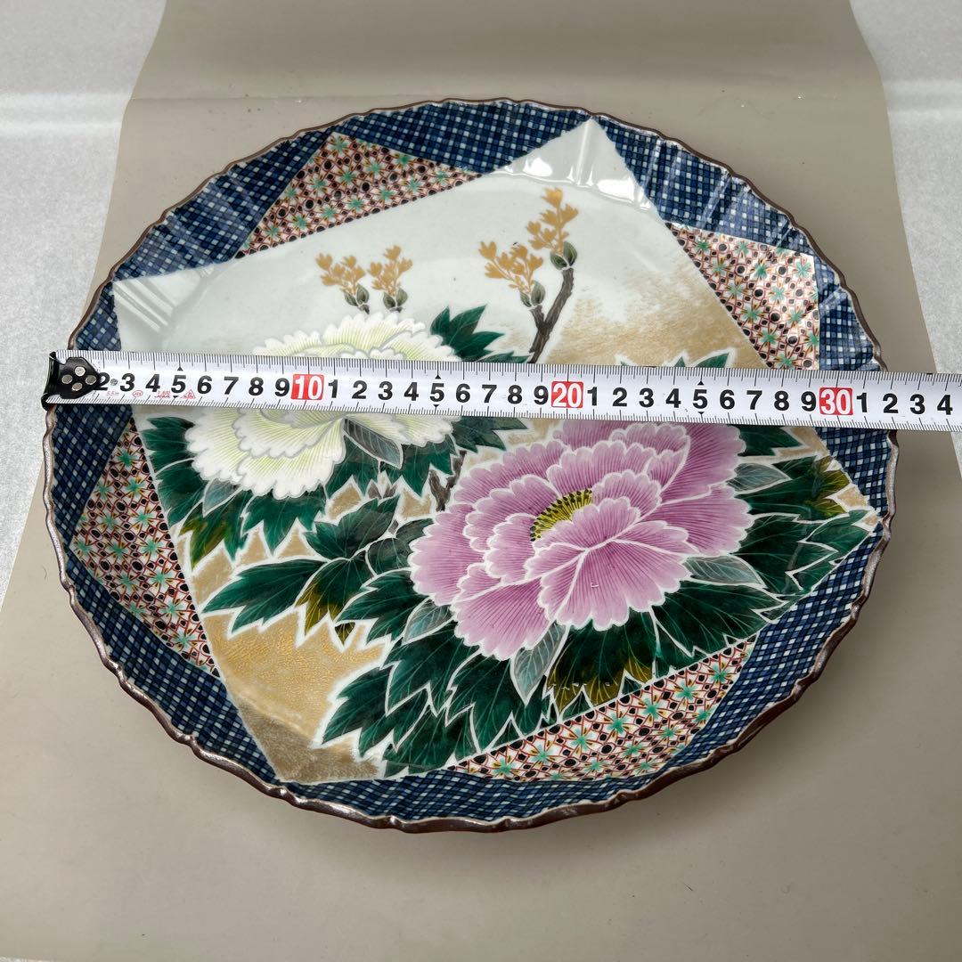 九谷焼 色絵 牡丹図 節皿 武腰泰山 共箱入B007