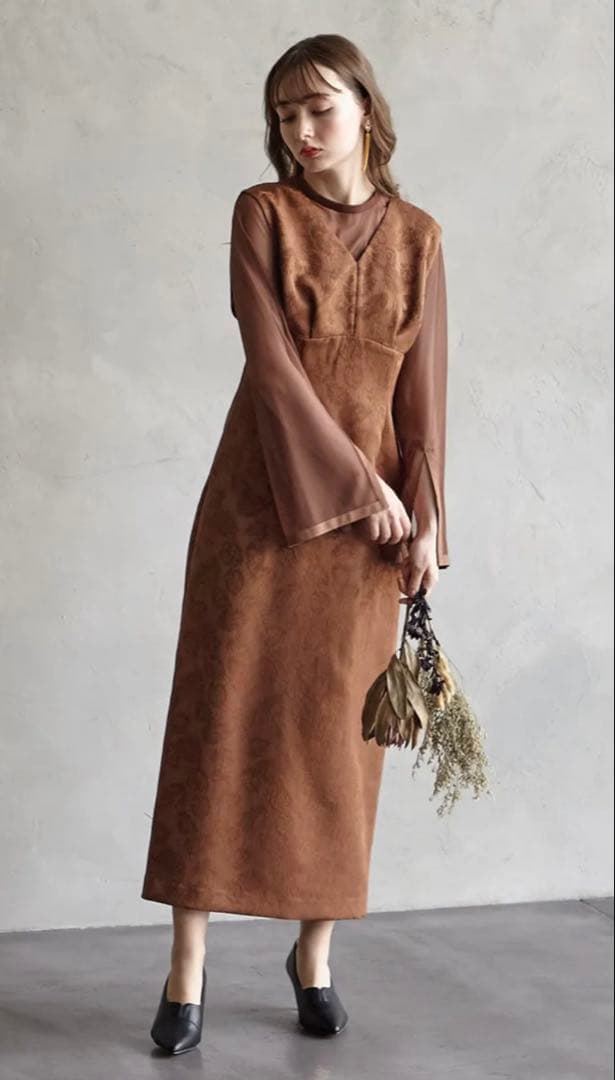 チュールブラウス付きジャカードIラインドレス　AIMER