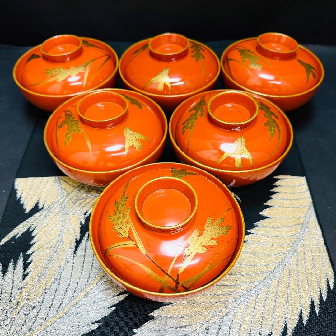 漆器　輪島塗　沈金　金蒔絵　木製　蓋付椀　お煮物椀　吸物椀　6客　骨董