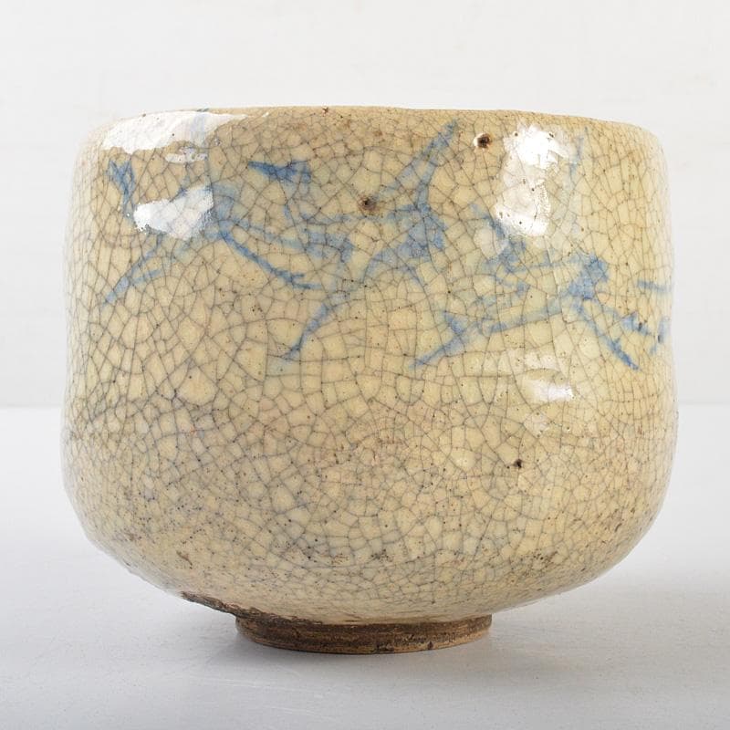 豊楽焼　六代　大喜豊助作　染付鶴文　楽茶碗　九代豊助極め箱　C　R7259