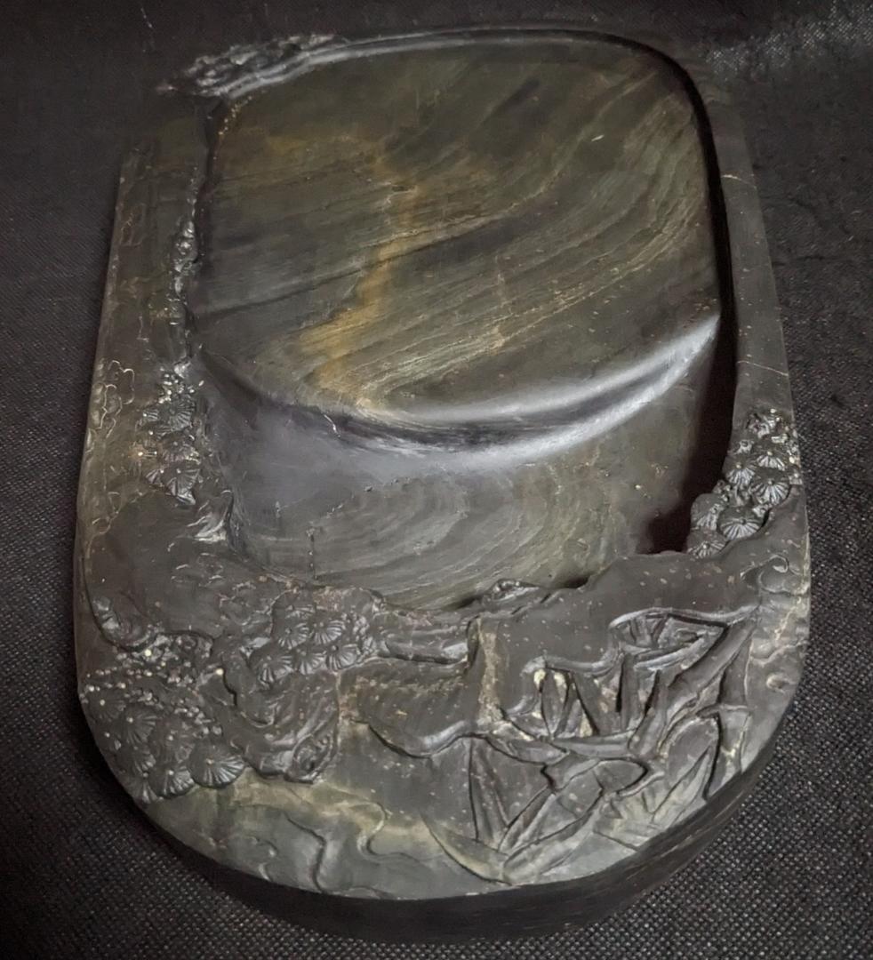 歙州硯 松竹文特大楕硯】◇金暈金星・水波紋の美石