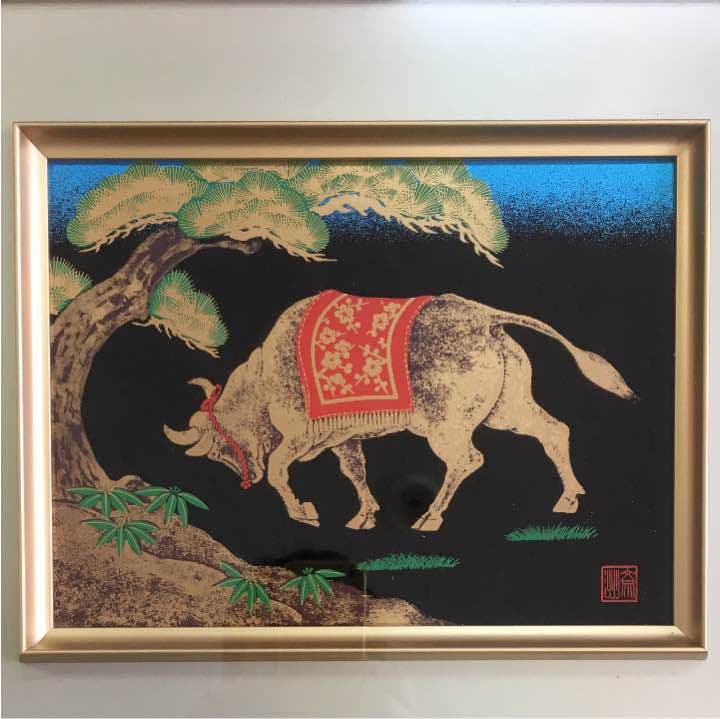 お部屋のインテリアに輪島塗蒔絵の額 吉田斎洲 干支 丑 共シール