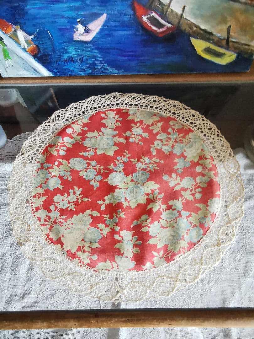 アンティーク フレンチ花柄ファブリック＆クロシェボビン編みレース