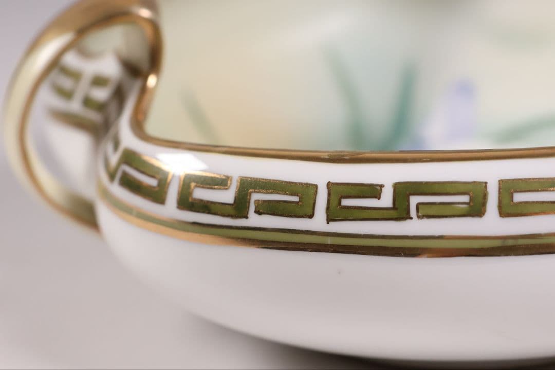 CM307】オールドノリタケ 草花 三耳 皿 鉢 幅18.3cm 金彩 水仙