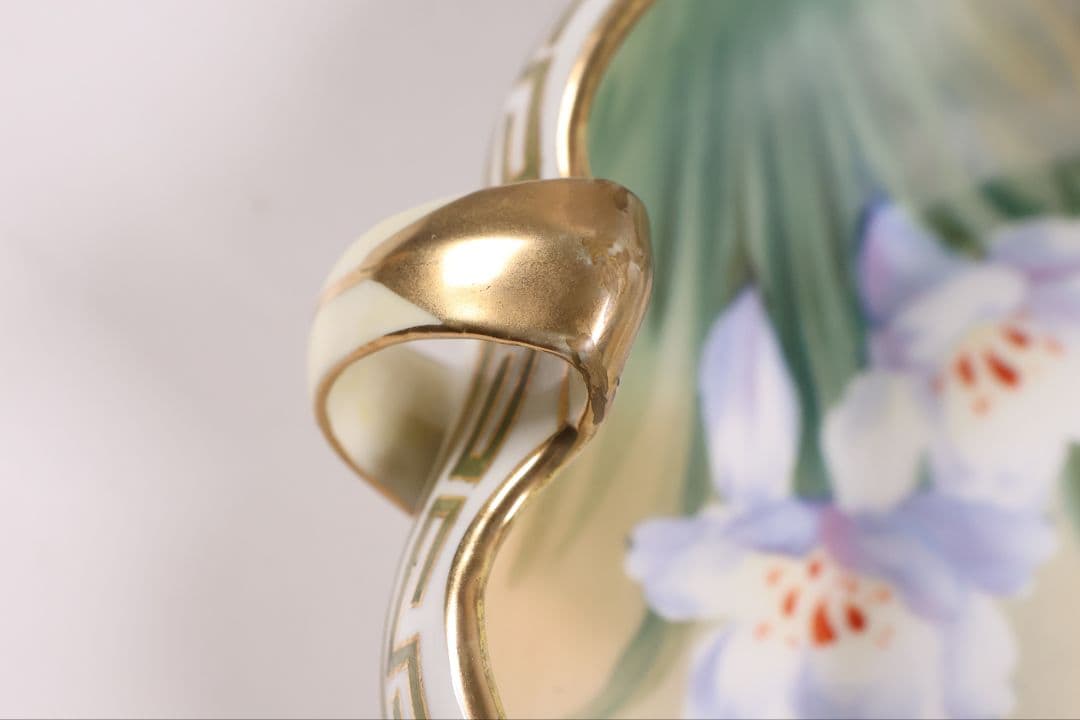 CM307】オールドノリタケ 草花 三耳 皿 鉢 幅18.3cm 金彩 水仙
