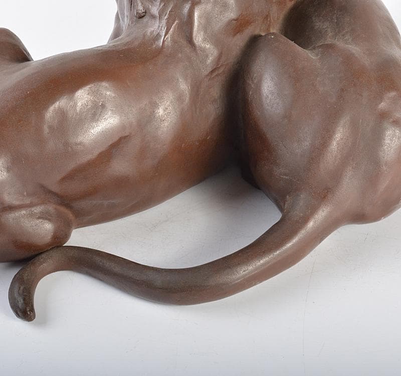 彫刻家　石崎秀峰作　ブロンズ像　夫婦獅子　重さ約17.8㎏　F R4435C