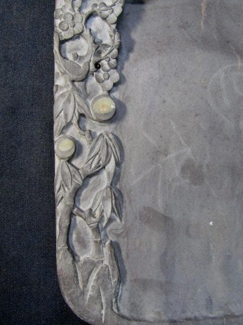 ☆硯 中国古玩 端渓硯 裏に銘有 花に飛鶴図 重