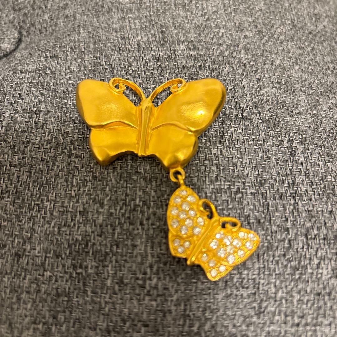 美品 ジバンシー バタフライブローチ 蝶々 ラインストーン 2連