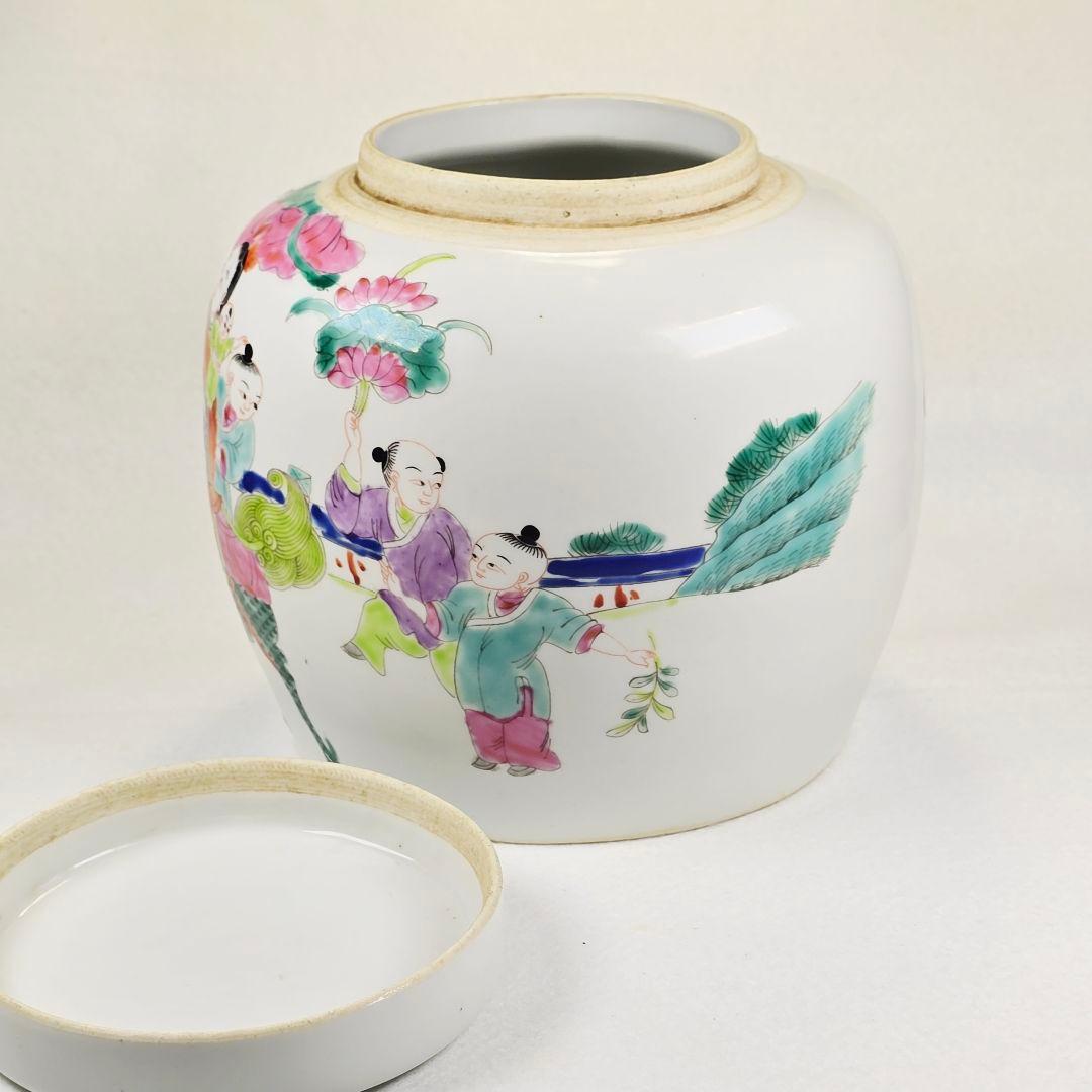 舶来品 中国古磁 五彩 手絵 麒麟天官送子図 大型 姜缶 人頭缶 清同治在